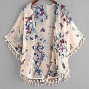 Shein One Size Butterfly Print Kimono with Fringe Trim Brand New w/o Tags